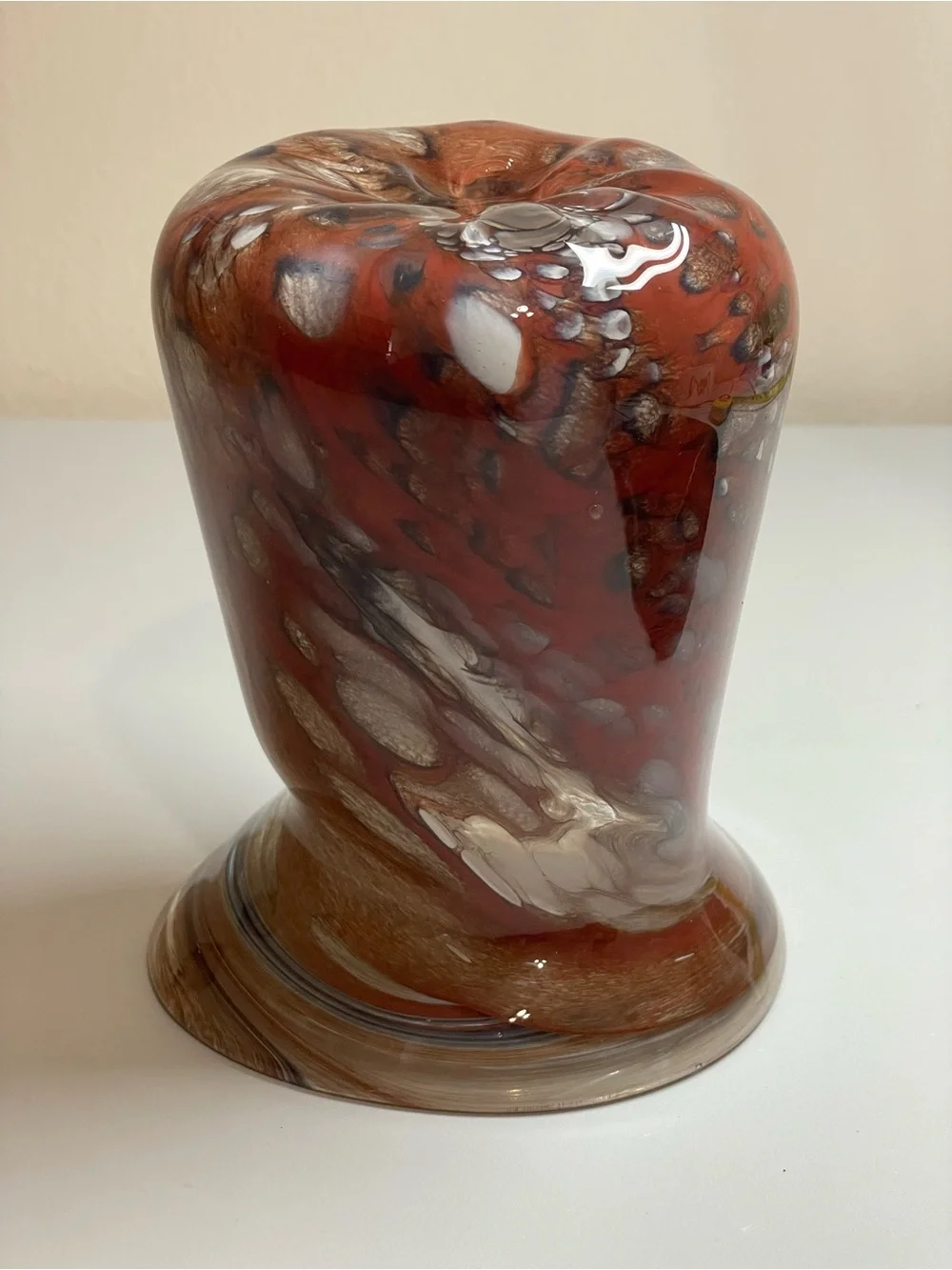 Vintage Mid Century Art Glass Vase - Hand Blown Blue & Amber Speckled Abstract